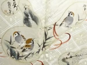 アンティーク　瓢箪に雀模様肩裏紋付羽二重男物羽織